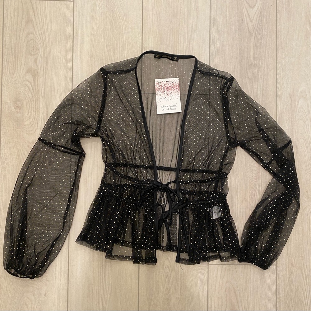 NWT Black Sheer Long Sleeve Tie Top